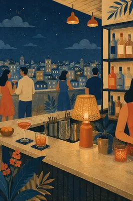 Evening Rooftop Bar with City Lights
