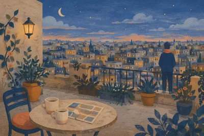 Blue Hour Rooftop Cityscape with Evening Lights