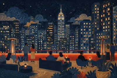 Rooftop Terrace Over Downtown Evening Lights