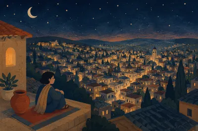 Panoramic Rooftop Cityscape at Evening Lights