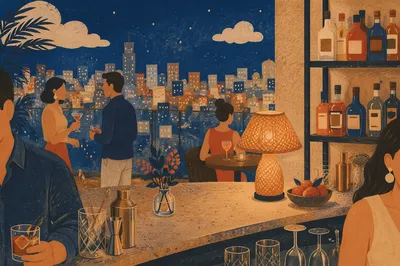 Evening Rooftop Bar Overlooking City Lights