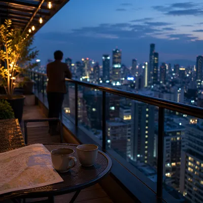 Blue Hour Rooftop Cityscape with Evening Lights