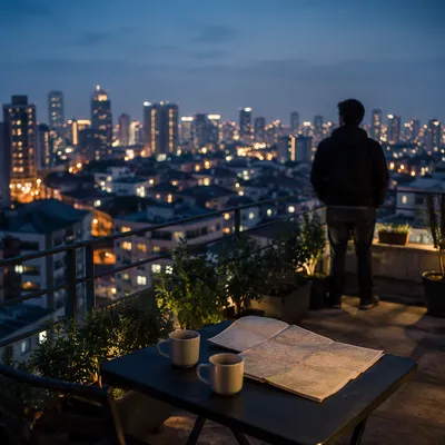 Blue Hour Rooftop Cityscape with Evening Lights