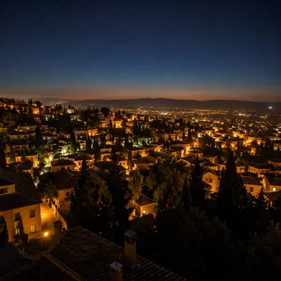 Panoramic Rooftop Cityscape at Evening Lights