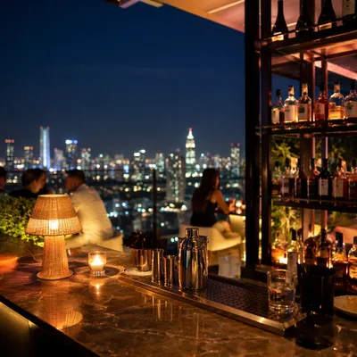 Evening Rooftop Bar with City Lights