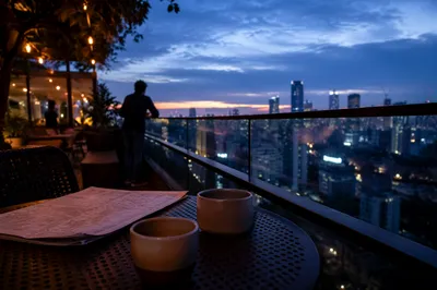 Rooftop Cityscape at Blue Hour Evening