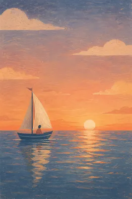 Sailboat Drifting on Calm Sunset Sea