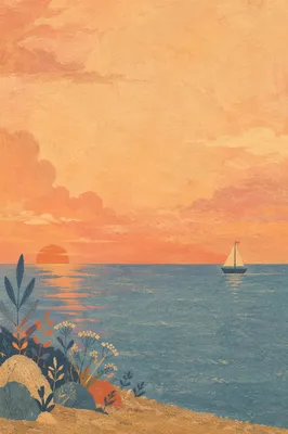 Sailboat on Calm Sea at Sunset