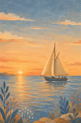 Sailboat on Calm Sea at Sunset
