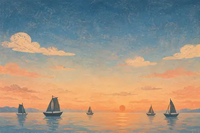 Calm Sailboats at Sunset Horizon