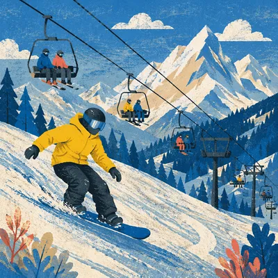 Yellow Snowboarder on Alpine Ski Lift Slope