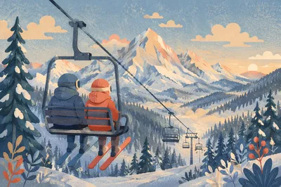 Peaceful Ski Lift Ride to Snowy Peaks
