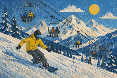 Snowboarder and Ski Lift on Alpine Slope