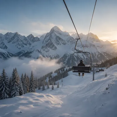 Ski Lift View Over Snowy Peaks