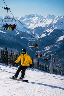 Snowboarder on Alpine Ski Lift Slope