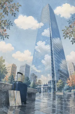 Glass Skyscraper Reflections in Spring Sky
