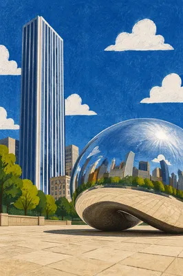 Mirrored Sphere and Glass Skyscraper Plaza