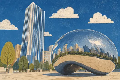 Modern Plaza Skyscraper and Reflective Sphere