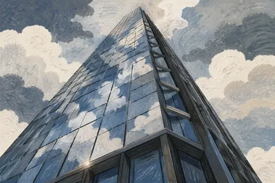 Modern Glass Skyscraper Under Cloudy Sky
