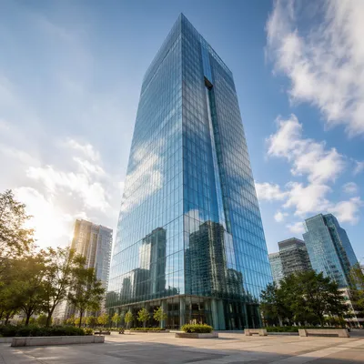 Modern Glass Skyscraper Reflecting Morning Clouds