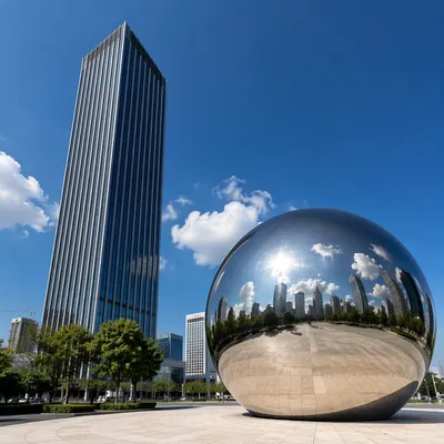 Modern Skyscraper and Mirrored Sphere Plaza