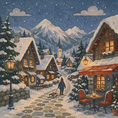 Cozy Snow-Capped Mountain Village at Blue Hour