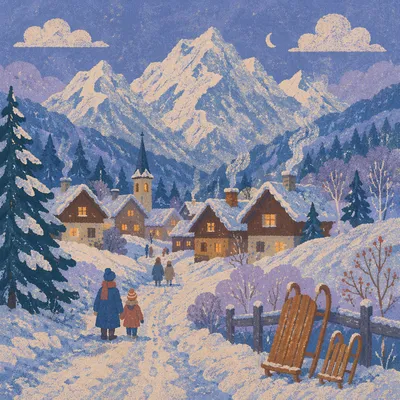 Cozy Winter Mountain Village at Blue Hour