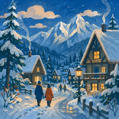Cozy Winter Village Beneath Snowy Peaks