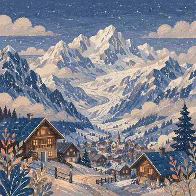 Cozy Alpine Village Beneath Snowy Peaks