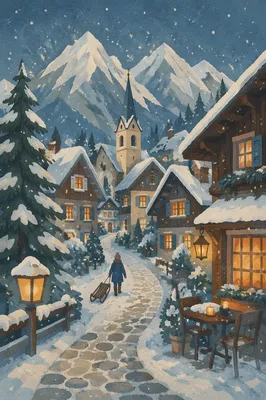 Cozy Snow-Capped Mountain Village at Blue Hour
