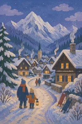 Cozy Snow Capped Mountain Village at Dusk