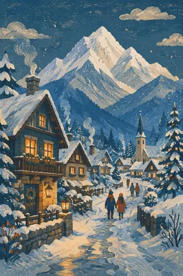 Cozy Snow Capped Mountain Village at Blue Hour