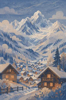 Cozy Alpine Village Beneath Snowy Peaks