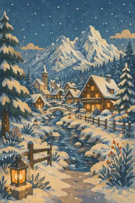 Cozy Alpine Winter Village at Blue Hour