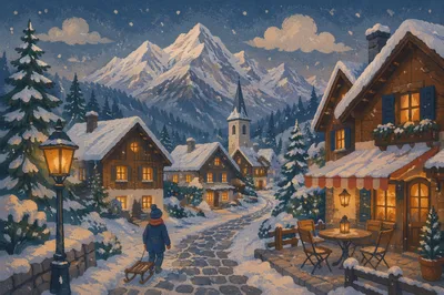 Cozy Snowy Alpine Village at Blue Hour