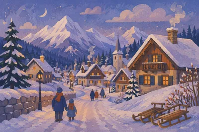 Cozy Snow Capped Mountain Village at Blue Hour