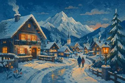Cozy Winter Mountain Village at Blue Hour