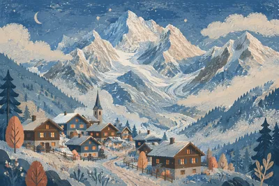 Cozy Alpine Village Beneath Snowy Peaks
