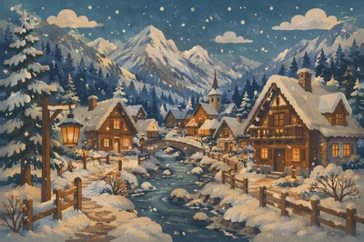 Cozy Snow Capped Mountain Village at Dusk