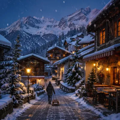 Cozy Snow-Capped Mountain Village at Blue Hour