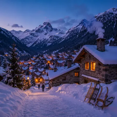 Cozy Winter Mountain Village at Blue Hour