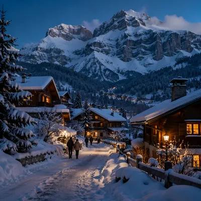 Cozy Winter Mountain Village at Blue Hour