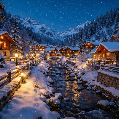 Cozy Snow Capped Mountain Village at Blue Hour