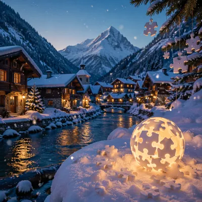 Cozy Alpine Village at Blue Hour