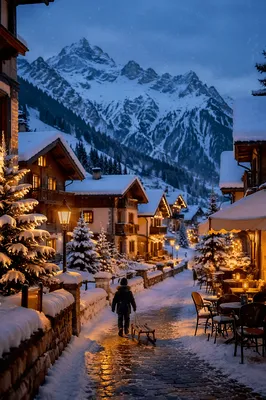 Cozy Alpine Village Beneath Snowy Peaks