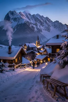 Cozy Snow Capped Mountain Village at Blue Hour