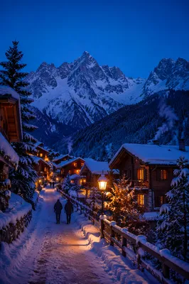 Cozy Winter Mountain Village at Blue Hour