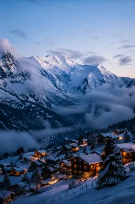 Cozy Alpine Village Beneath Snowy Peaks