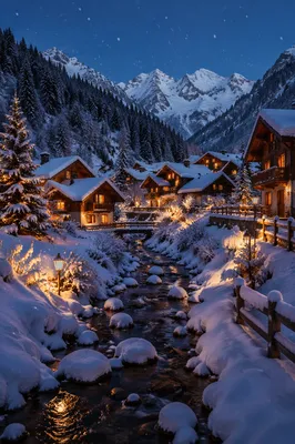 Cozy Alpine Winter Village at Blue Hour