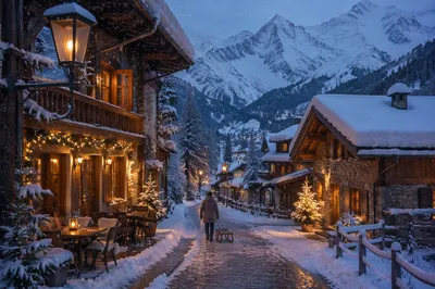 Cozy Alpine Village Beneath Snowy Peaks